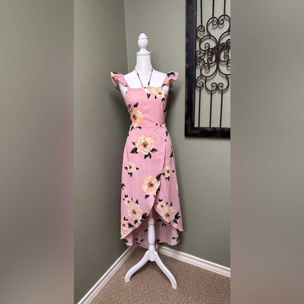 J.0.A. Pink floral high low overlapping maxi dress